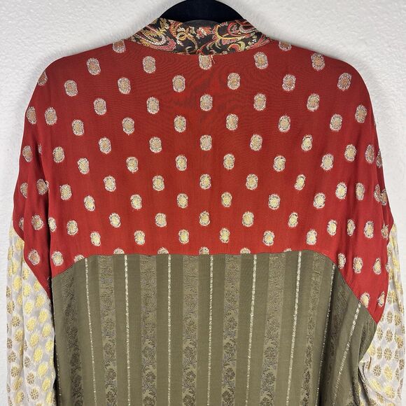 ZARA Kimono Size Medium Printed Lapel Long Open Front Patchwork Shimmer Boho - Picture 3 of 8